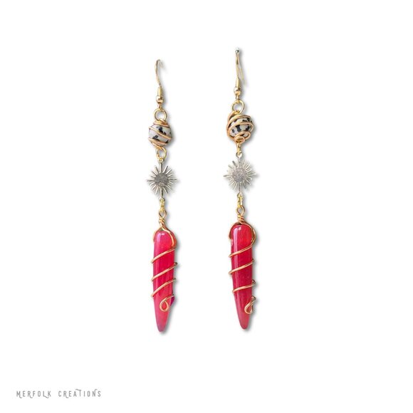 Wire Wrapped Red Vein Agate / Dalmatian Jasper Earrings - Picture 2 of 5